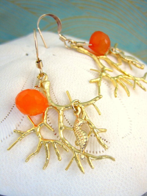 Gold coral orange chalcedony seahorse earrings