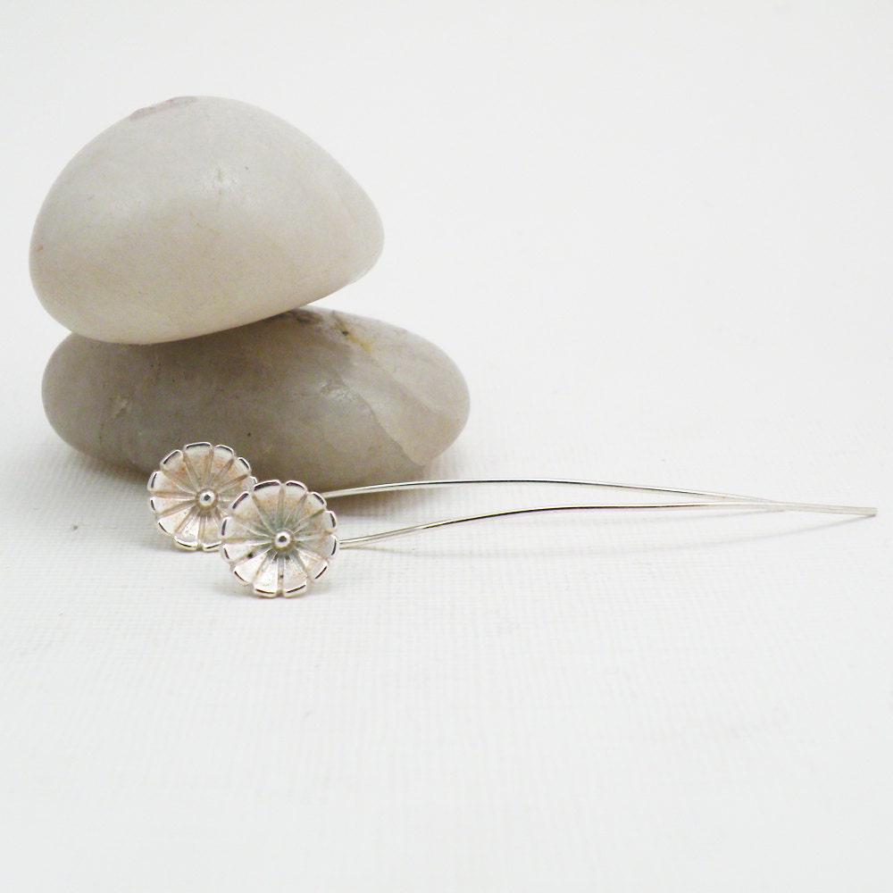 Sterling Silver Flower Earrings Long Dangly Modern Botanical  - Hanging Daisies