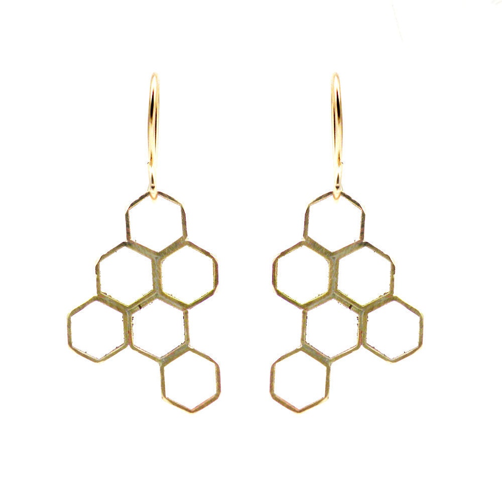 Honey Comb Geometric Earrings Vintage Brass 14k Gold Filled Hexagon  - Honeycomb
