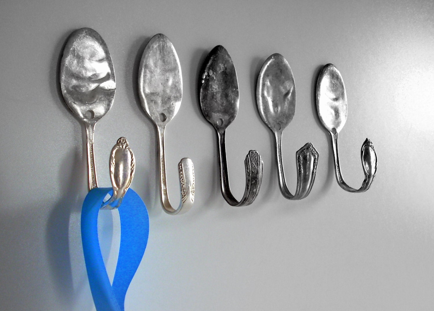 Set of 5 Spoon Wall Hooks, Vintage Silverplate