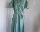 1920's Coquette Frock Vintage Dead Stock Green Checkered House Dress, XL,