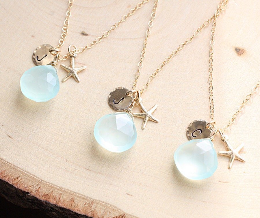 Bridesmaids Gift Set of 6: SIX Gold Starfish Initial Necklaces - Seafoam Aqua Chalcedony Gemstone, Gold Filled, Beach Summer Wedding