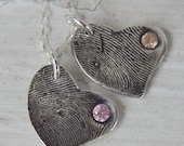 Custom TWO Fingerprint Imprint Hearts with Birthstone Insets