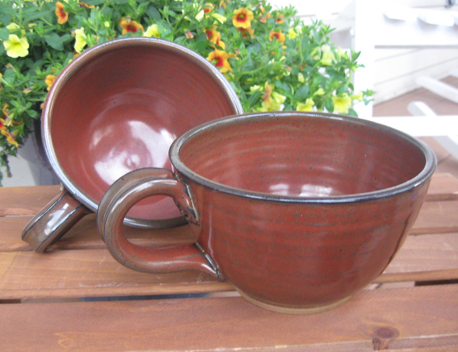 Set of 2 Rustic Brick Red Handled Soup and Chowder Bowls MADE TO ORDER