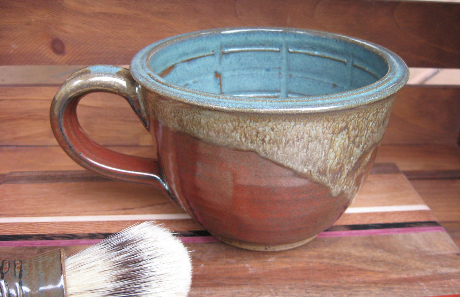 Large Wet Shaving Lather Bowl Mug Green Iron Red EACH ONE UNIQUE