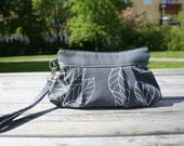 Bag purse wristlet Large size  - Leaves in grey - Handmade Purse / Wristlet