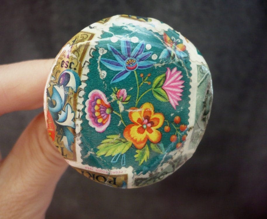 Floral - Adjustable Ring - Collage vintage postage stamps - Ready to Ship - OOAK