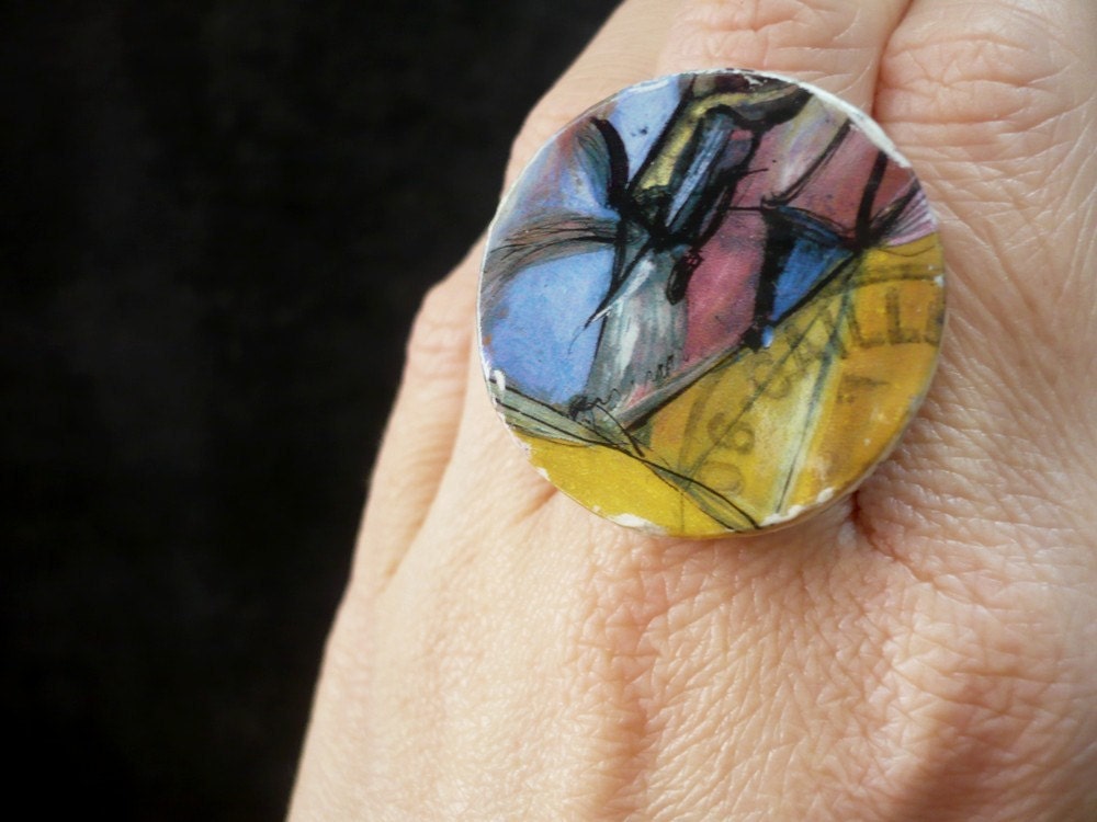 Modern Painting - Adjustable Ring - Collage vintage postage stamps - Ready to Ship - OOAK
