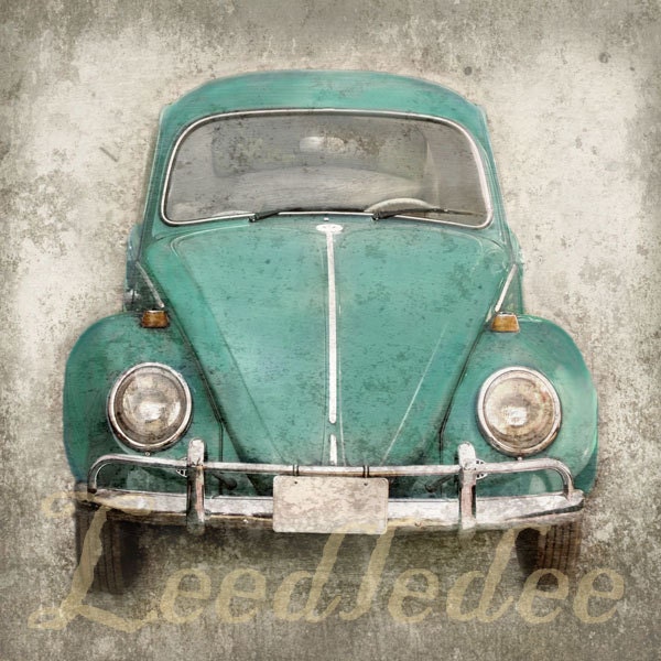 Orange Bug (or CHOOSE your color) - Vintage Style 8x8 or 8x10 - Volkswagen Beetle Nostalgic Car Distressed Home Decor Personalize