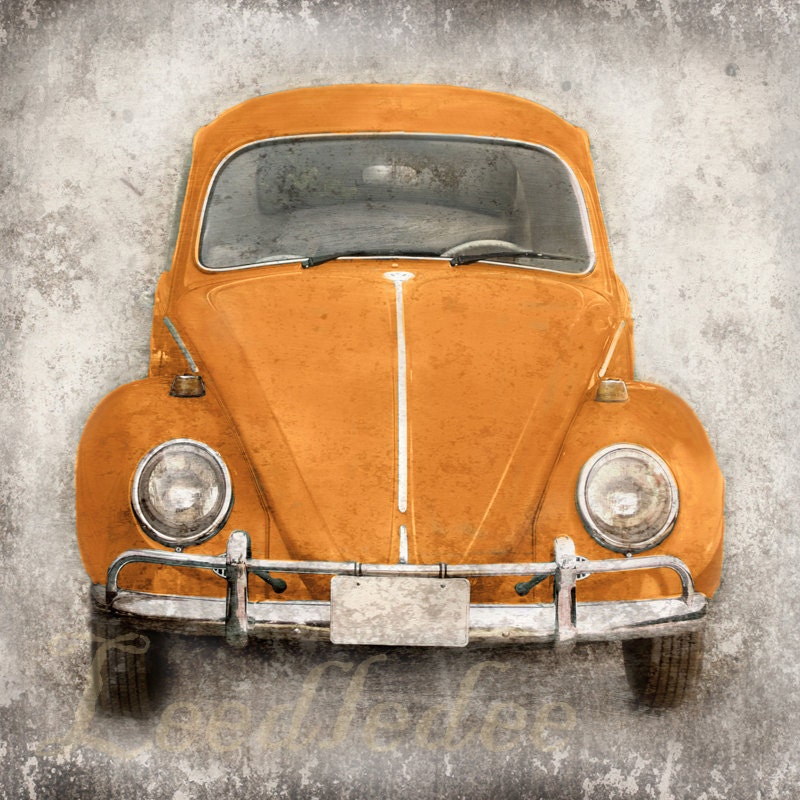 Orange Bug (or CHOOSE your color) - Vintage Style 8x8 or 8x10 - Volkswagen Beetle Nostalgic Car Distressed Home Decor Personalize