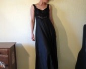 Vintage 80s Black Goddess Night Gown Negligee with Deep V and Lace Cut Outs