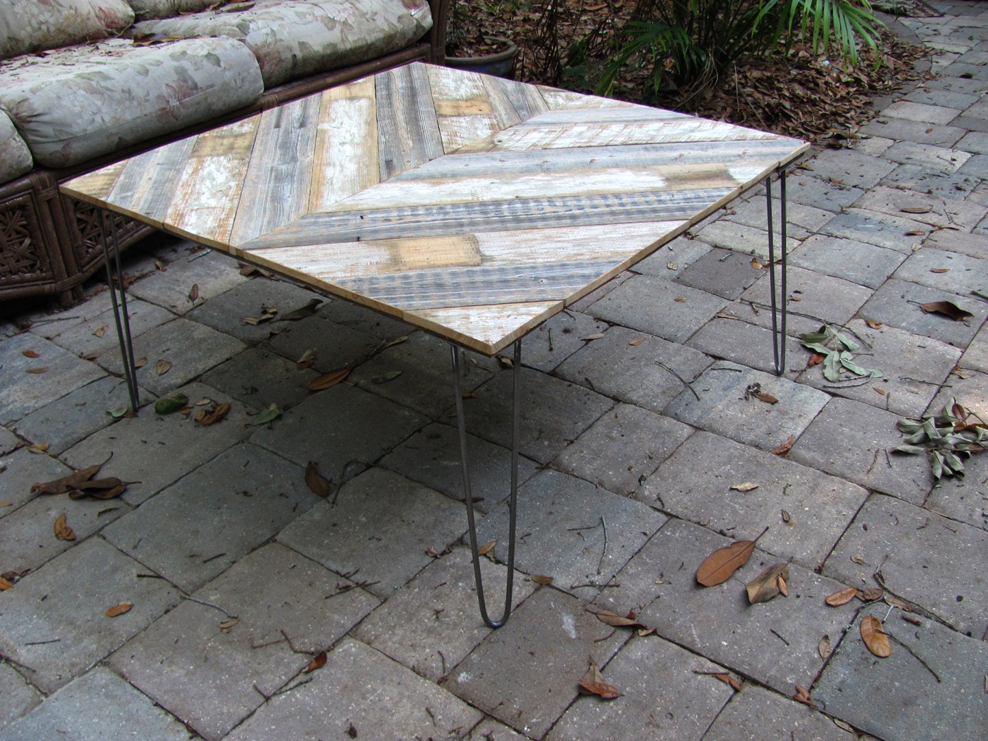 Upcycled Coffee Table, mid century style hairpin legs, made of recycled wood, 34" X 36"