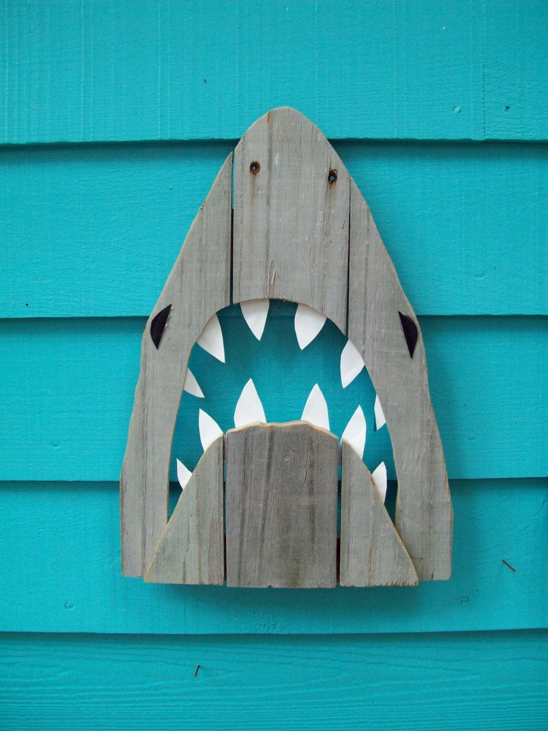 Upcycled Shark, made of recycled wood. JAWS, Great White, outdoor art
