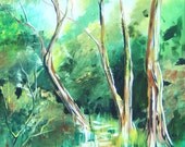 Green Landscape Hidden Path Original Acrylic Painting Reproduction 11x14 Print  Trees Forrest