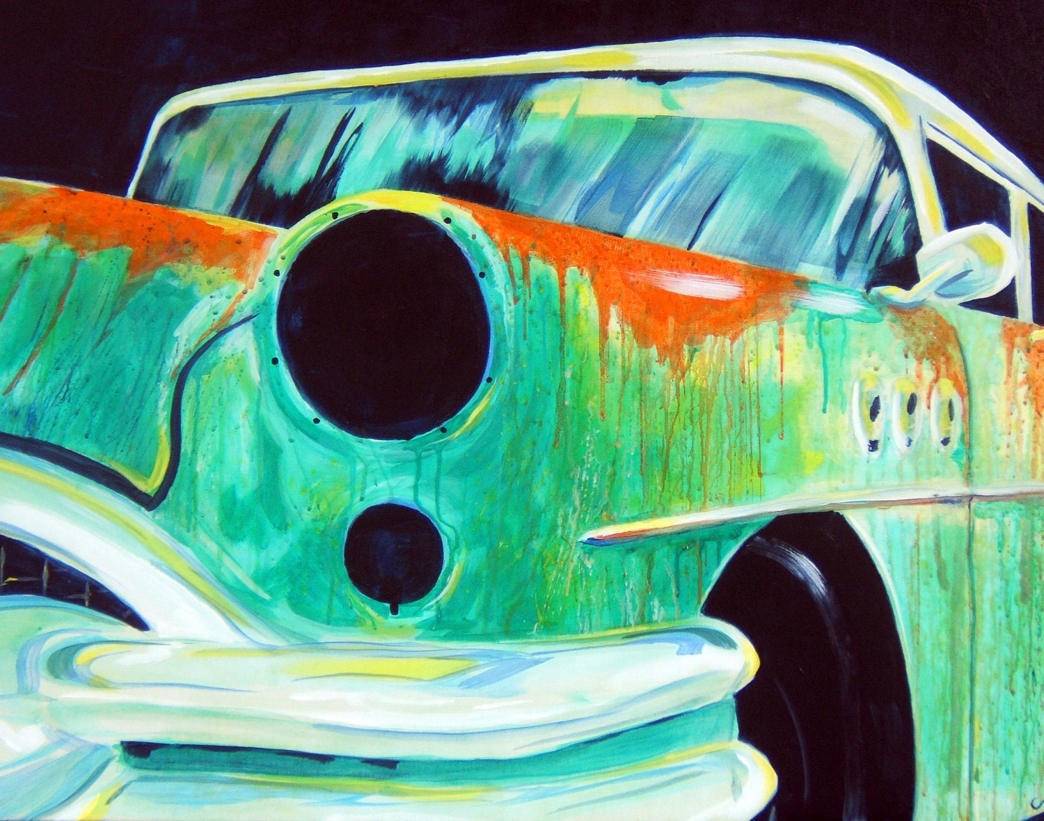 Vintage Rusty Old Car Lights Out Original Car Painting Reproduction 11x14 PRINT Teal Orange Turquoise