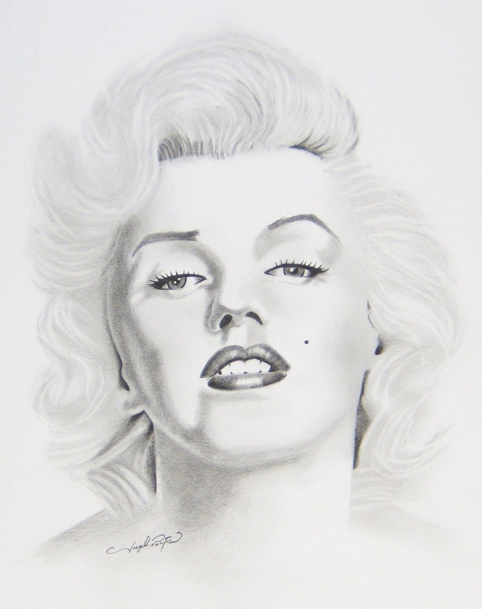 Marylin Monroe Portrait Black and White Realism Graphite Pencil Drawing Reproduction 11x14 Poster Print