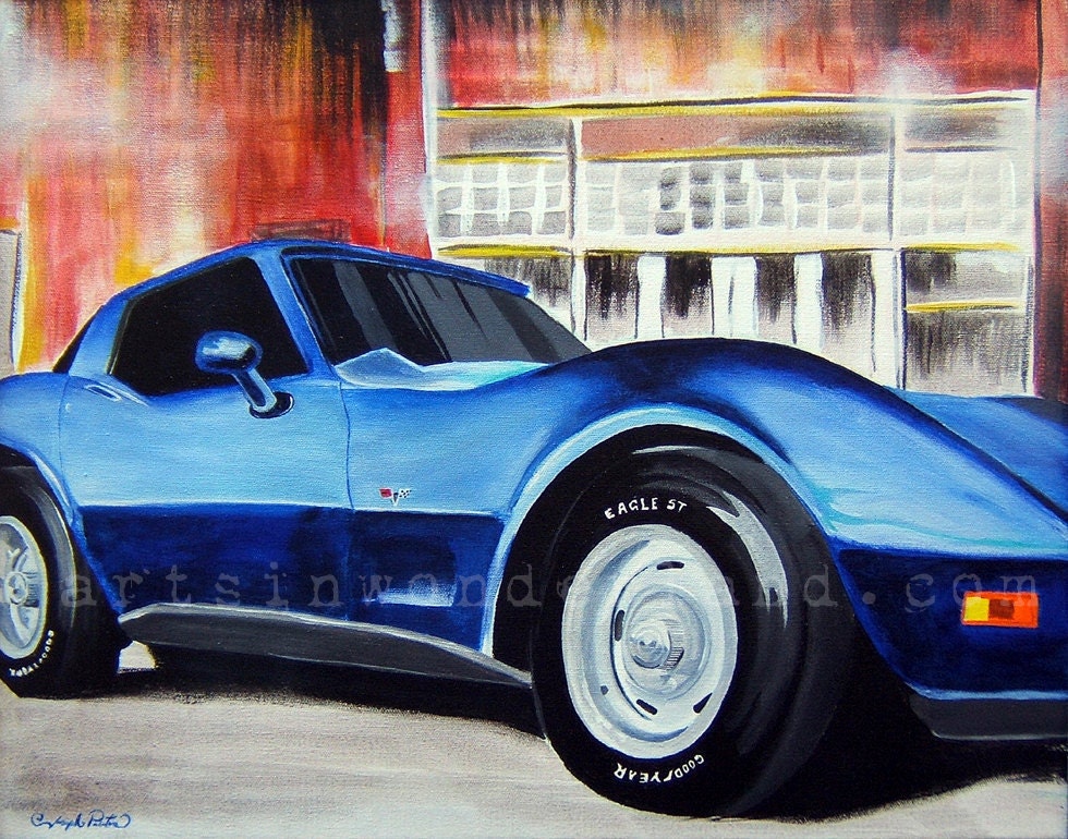 Out of the Blue Original Blue Corvette Painting Reproduction Print 11x14