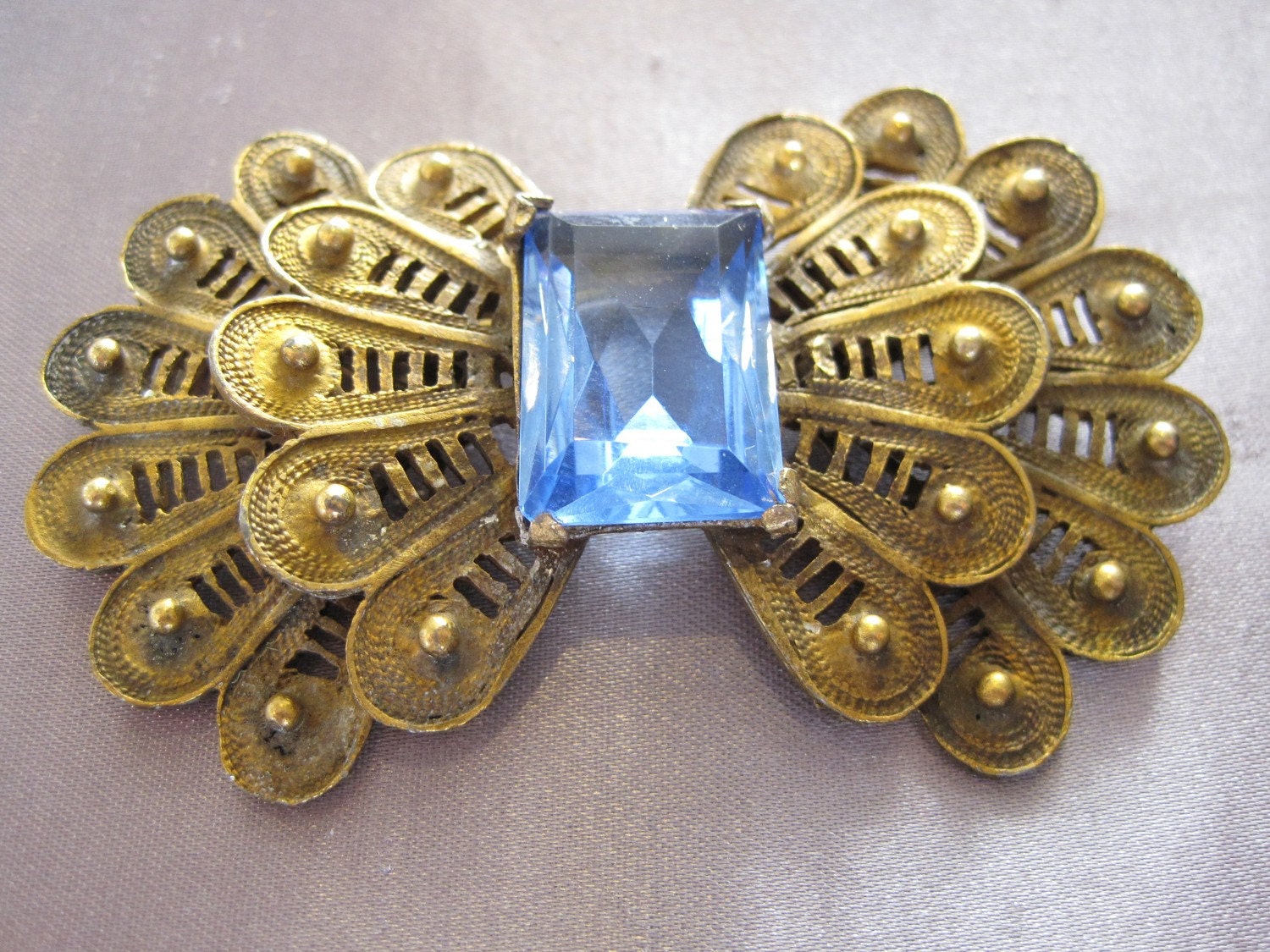 SALE - Vintage Brass Peacock Brooch with Blue Rhinestone