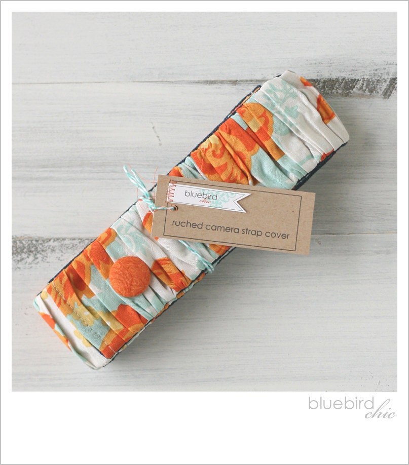 ruched camera strap cover - orange/aqua