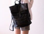 Square Shape Leather Backpack - Black