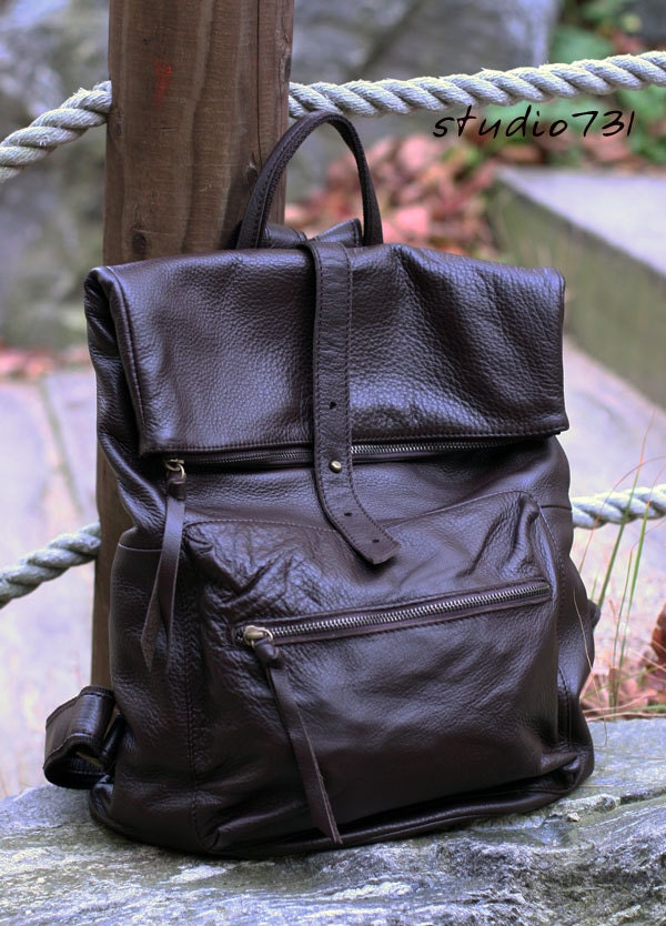 Square Shape Leather Backpack - Dark Brown
