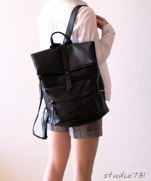 Square Shape Leather Backpack - Black