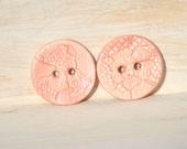 Pink Button Ceramic Lace imprinted handmade pair of buttons