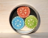 Flower Fridge Magnets in a tin Aztec Red Green and Blue magnets indian mandala