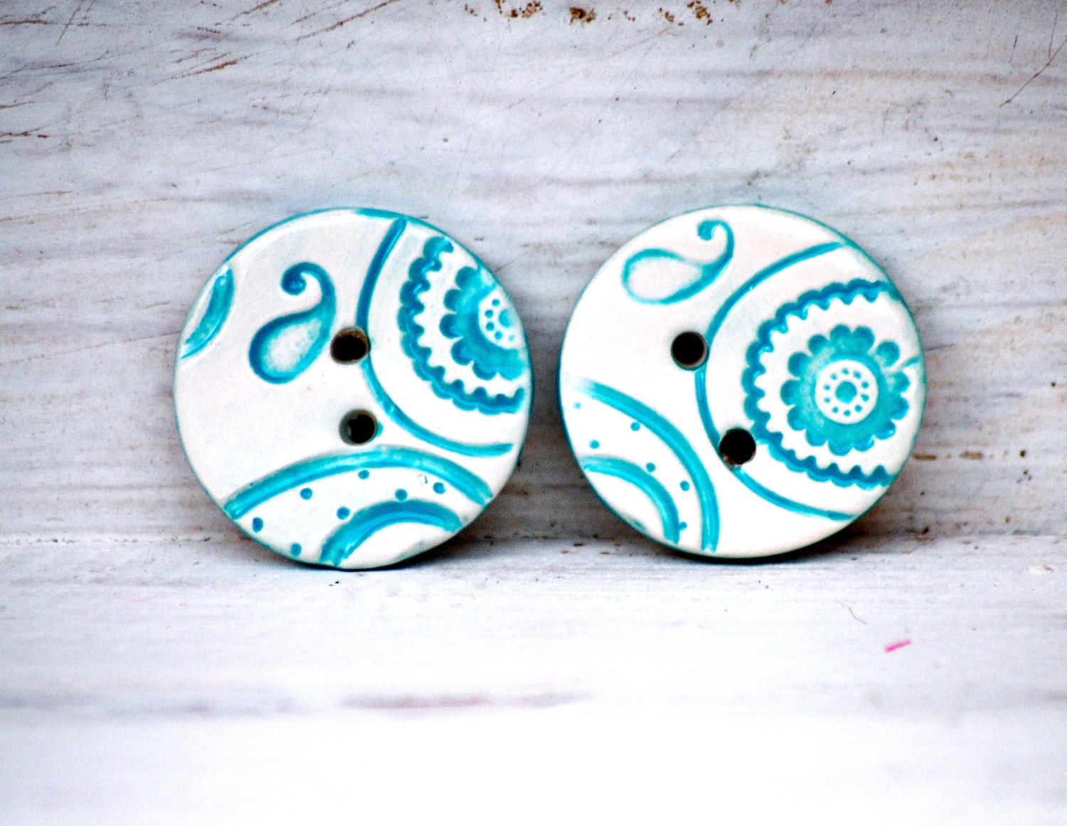 Turquoise Buttons handmade Paisley Ceramic Round buttons in aqua blue and white