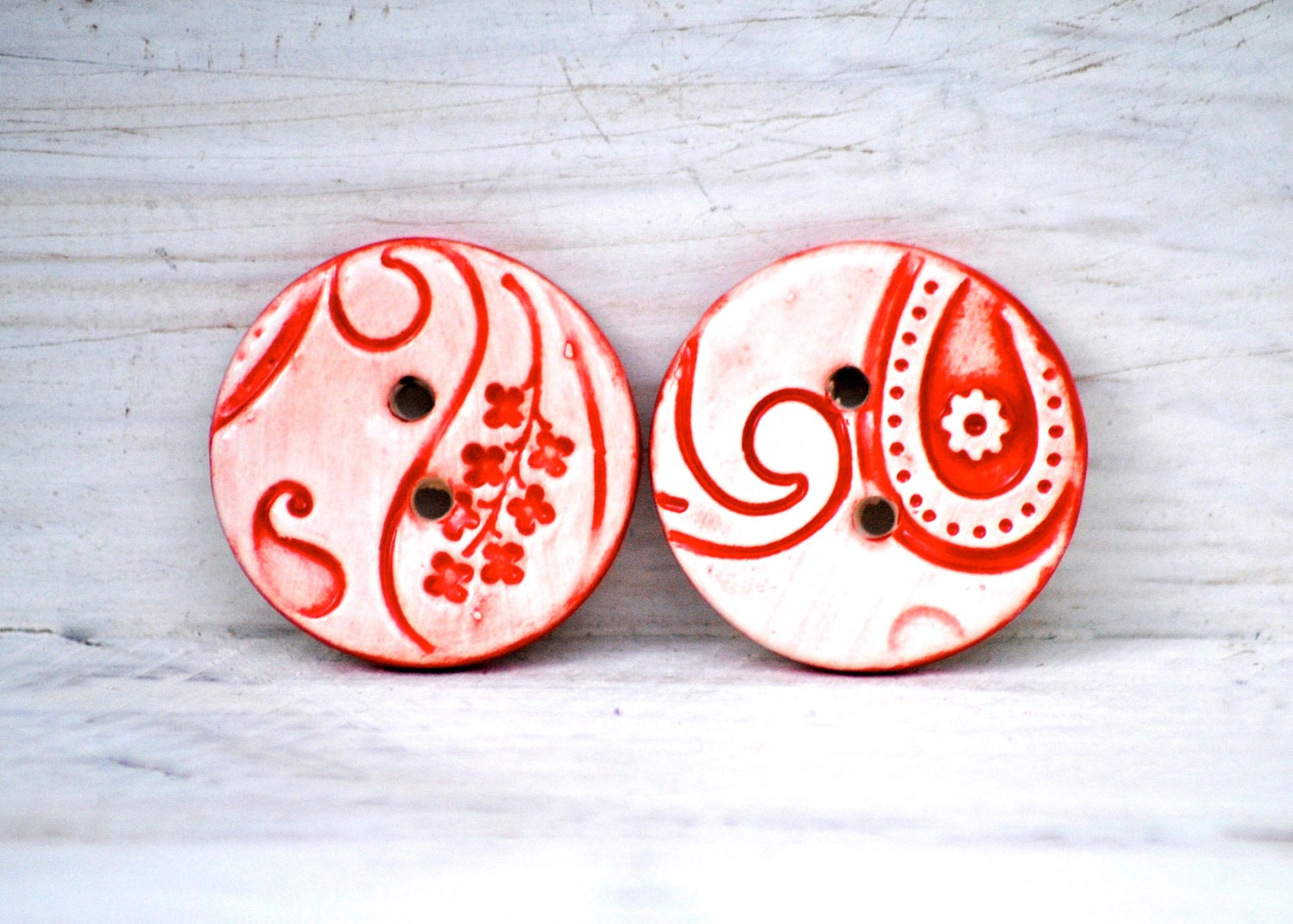 Red Ceramic Buttons Pair of Round Paisley leaves and flowers in Red and White