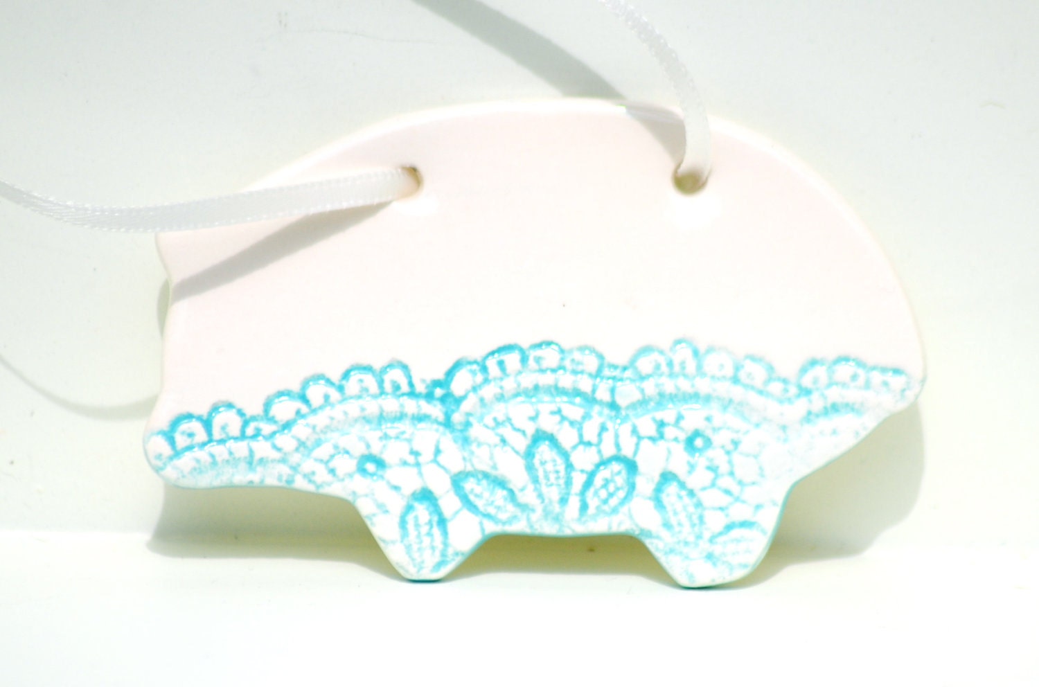 Ceramic Pig Ornament Hanging pig sign turquoise lace piggy