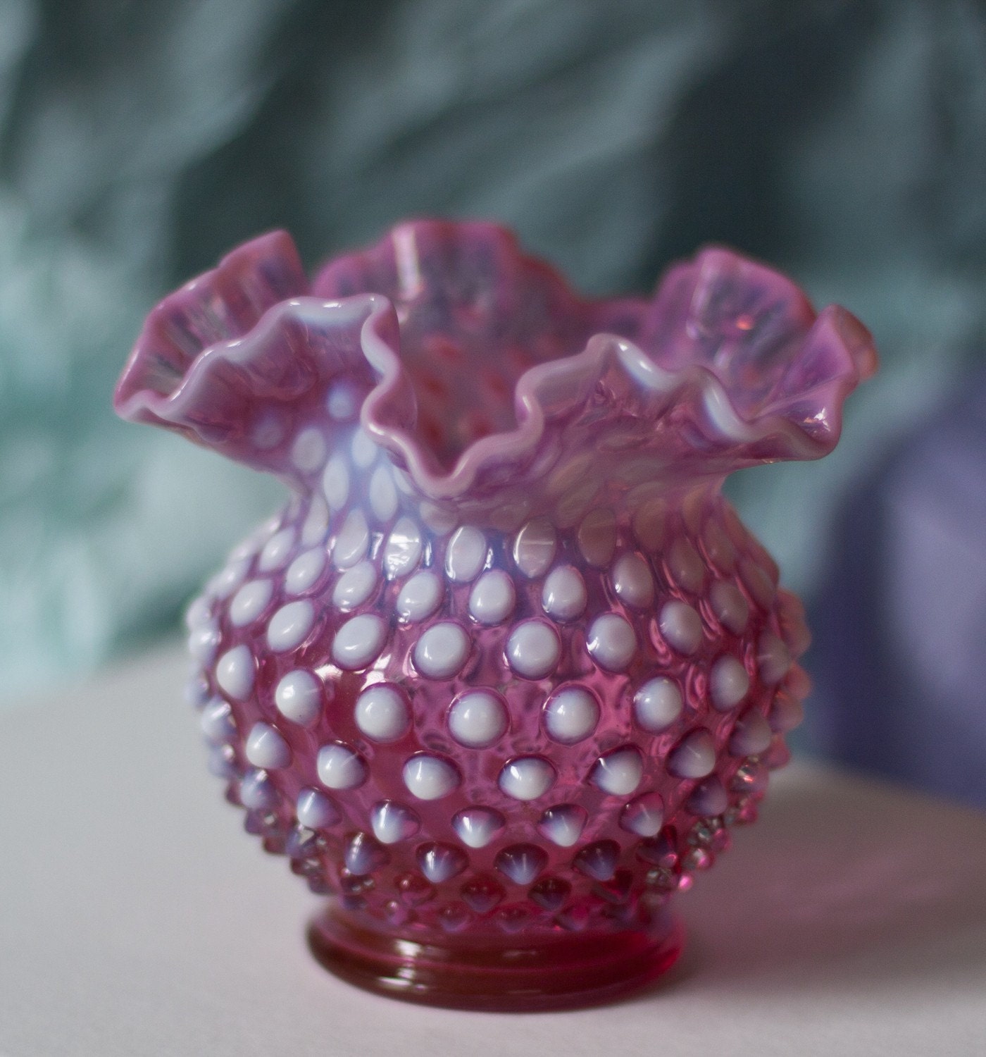 Vintage Fenton Ruffled Hobnail Vase in Cranberry Opalescent Glass by Beezus Complex