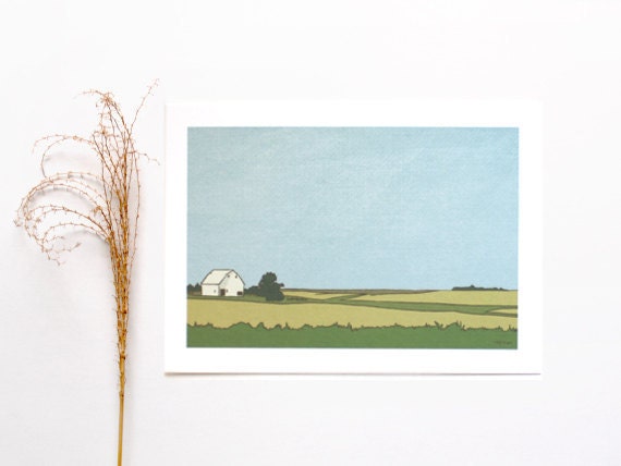 farmhouse landscape illustration, 'Little White Barn' 5x7 art print