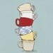 Teacups 4X6 art print, kitchen art decor, coffee cup art, illustration, teal, red, vintage inspired kitchen