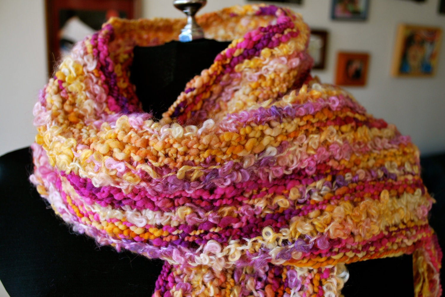 Luxurious pink, purple, magenta, purple and yellow curly wool soft scarf