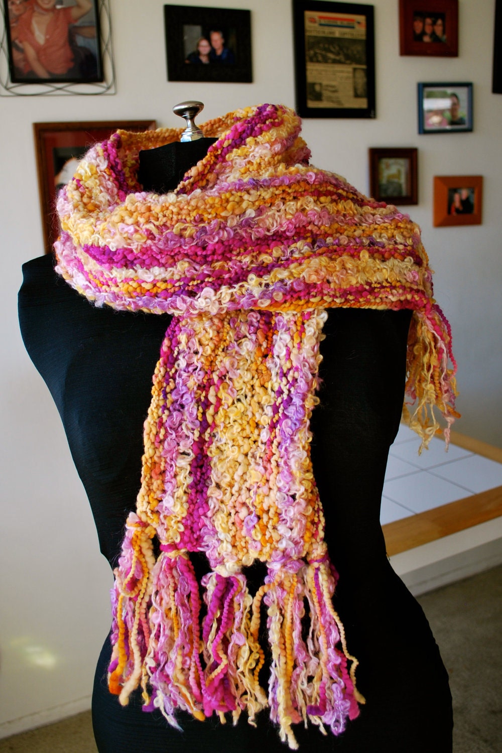 Luxurious pink, purple, magenta, purple and yellow curly wool soft scarf