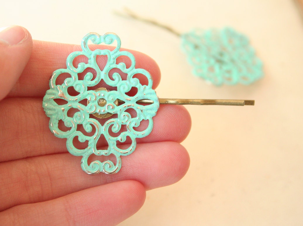 Vintage Verdigris Filigree Headpins - unique everyday or wedding jewelry