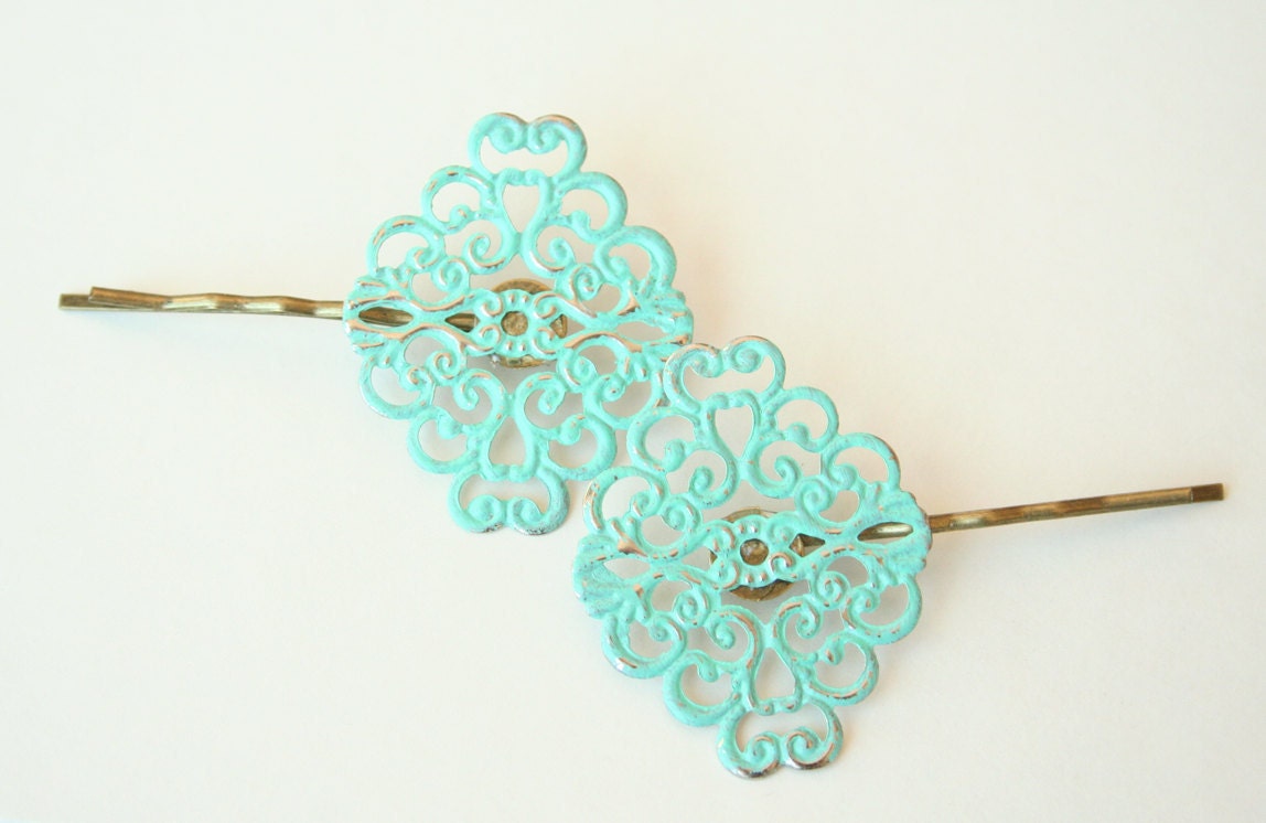 Vintage Verdigris Filigree Headpins - unique everyday or wedding jewelry