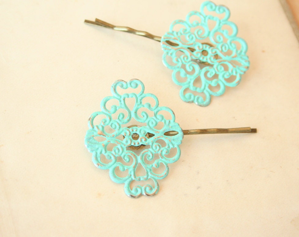 Vintage Verdigris Filigree Headpins - unique everyday or wedding jewelry