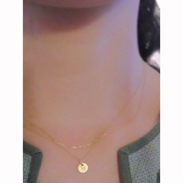 Gold Initial Necklace, 14k Goldfilled Double Chain, Dainty Personalized Hand Stamped Custom Disc Charm, Bridesmaid Necklace
