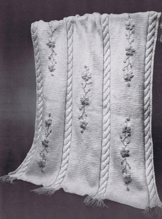 Baby Blanket Vintage Knitting Pattern PDF- Cables and Flowers, c. 1961