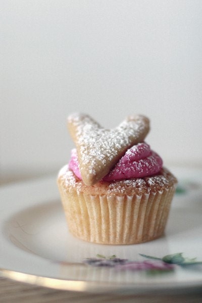 Food Photography 8 x 12 Print. Vintage, Fushia, White, Heart, Pink, Cake, Mini Cupcake, Still Life, Vintage Plate