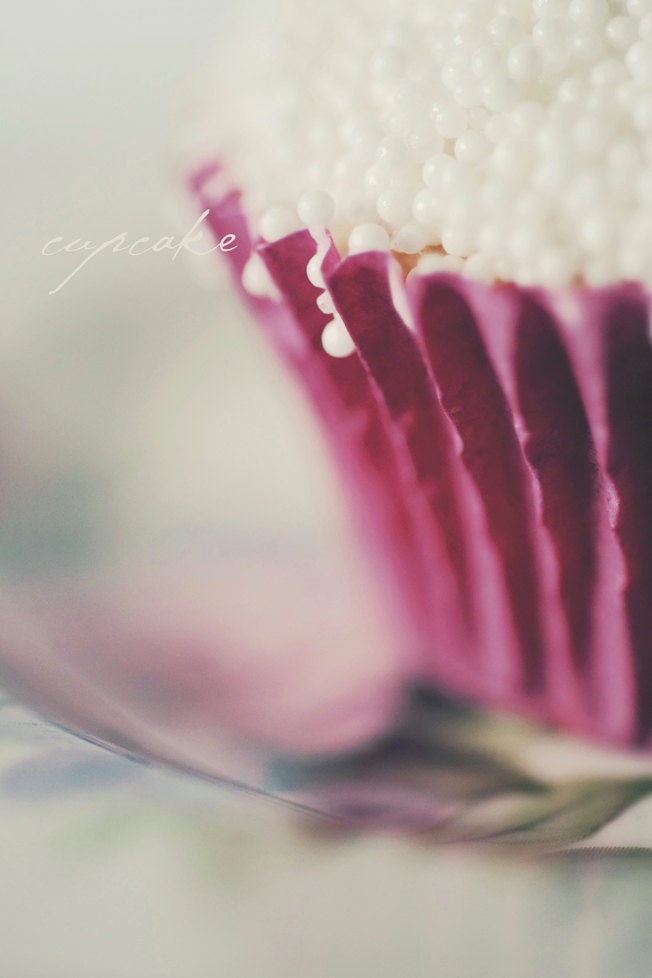 White Pearl Cupcake. 5 x 7 Print. Vintage, Fushia, White, Sprinkles, Pink, Cake, Cupcake, Kitchen Art - PhotographyByAnita