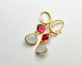 Light Drops Gold Plated Earrings - Gray Stone and Ruby, Bridesmaid, Wedding Jewelry
