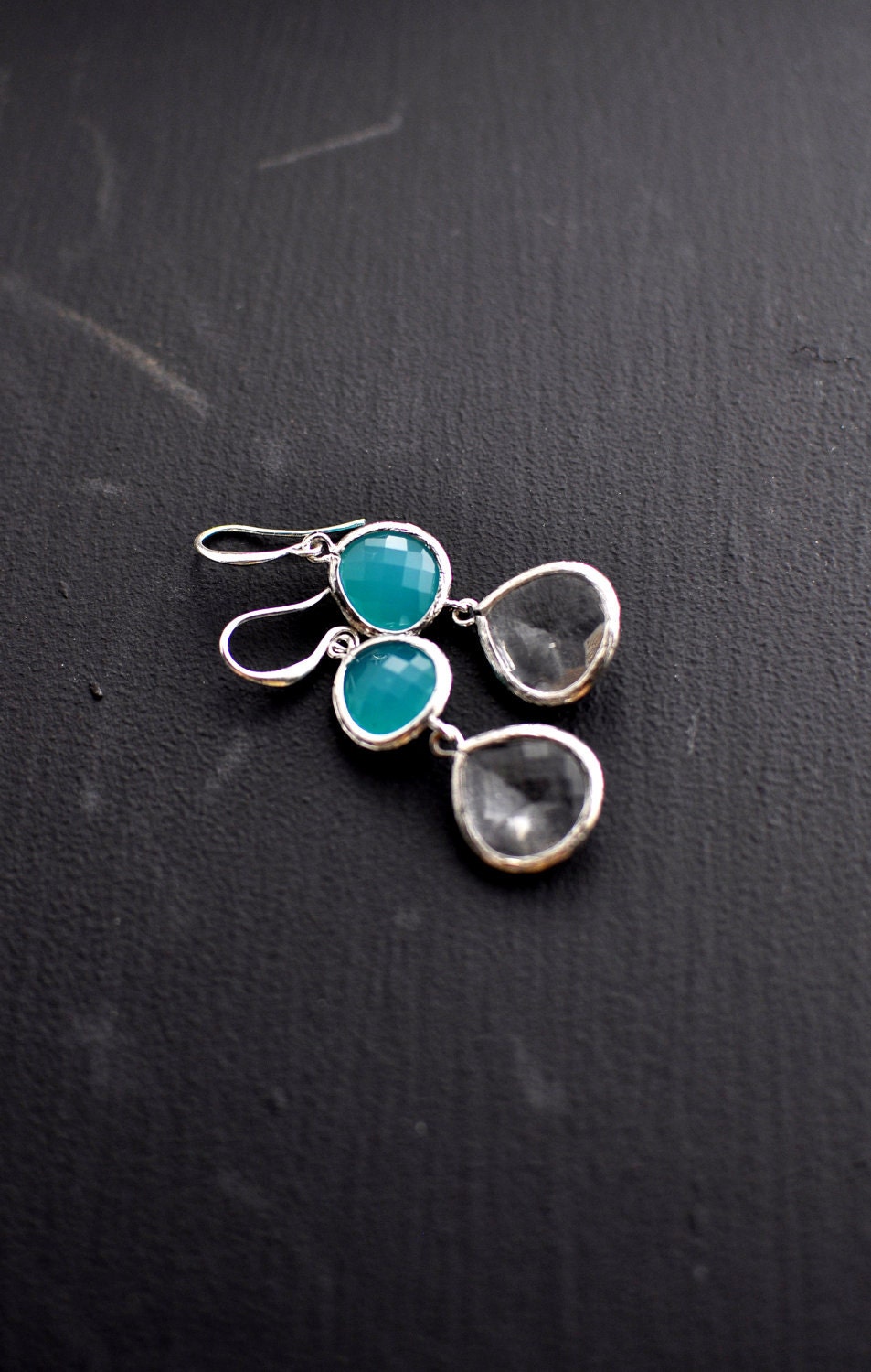 Light Drops Silver Plated Earrings - Clear quartz and Sky Blue Crystal, Bridesmaid, Wedding Jewelry