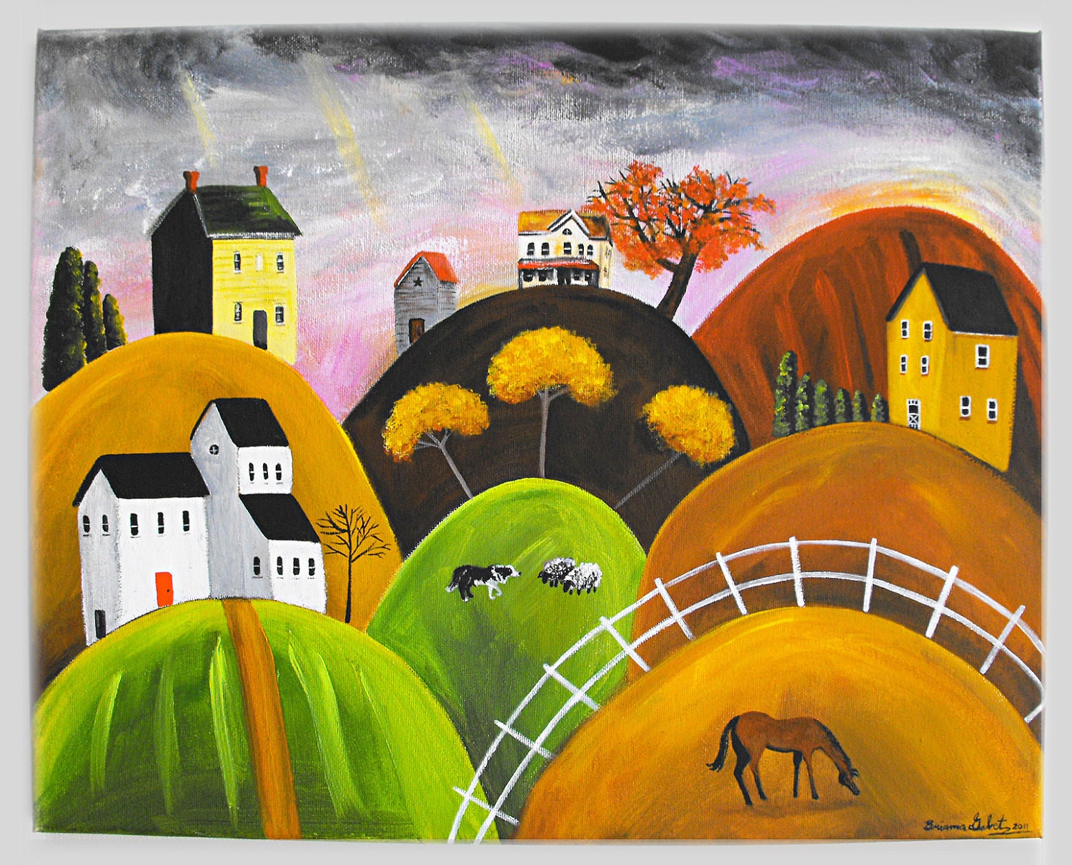 Hilly Hues at Dusk 16x20 Fall Original Folk Art Acrylic Painting with Brown Horse Yellow White House Star Barn Sheep Dog