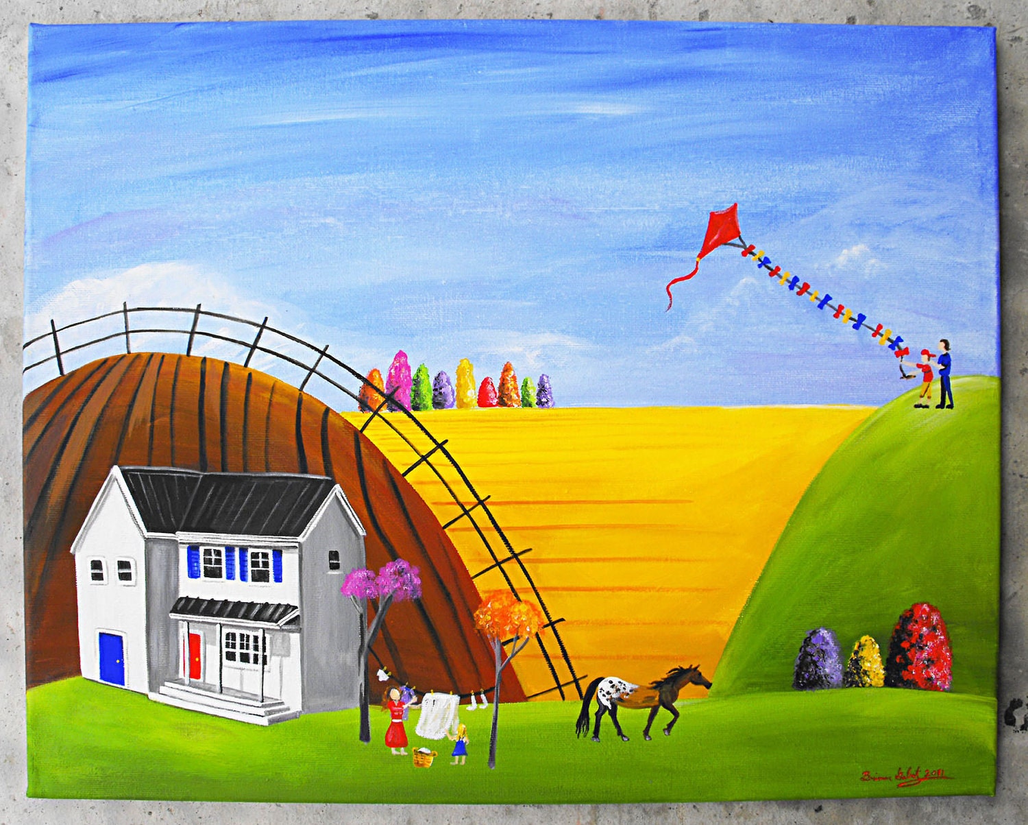 Hilly Harmony 16x20 Summer Original Folk Art Acrylic Painting with White House Paint Horse Red Kite Father Son Mother Daughter Clothes Line