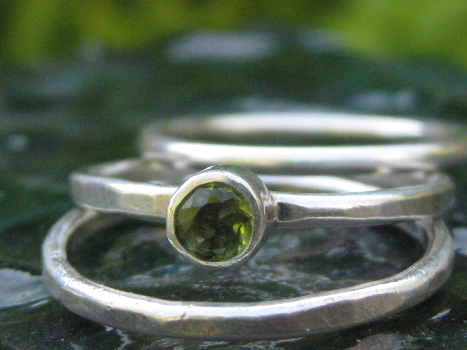 Stacking Ring Set Genuine Faceted Peridot Gemstone Solitaire and Two Hammered Sterling Silver Bands Custom Made in Your Size