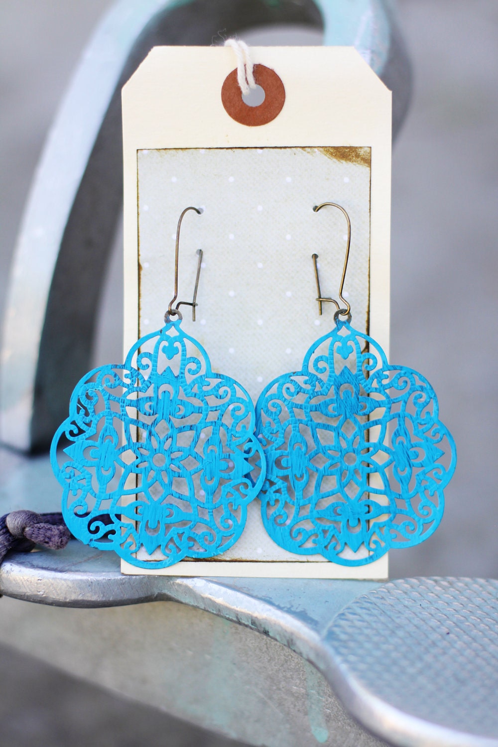 MAUDE - Large Filigree QUATREFOIL Turquoise Painted Filigree Dangle Earrings- ANTHROPOLOGIE - Bridesmaid Gifts, Stocking Stuffer
