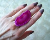 Hot Pink Agate Slice Cocktail Ring, Fuchsia, Gypsy, Earthy, Boho